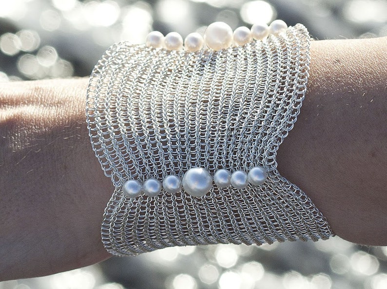 Pearl bracelet Wedding bracelet Bridal bracelet Beaded Bracelet Cuff bracelet Silver Bracelet GiftFor her Birthday gift Silver cuff image 2