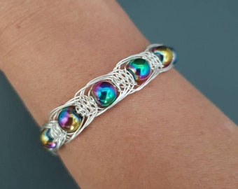Sterling silver bracelet, Shambala bracelet, Anxiety bracelet, Rainbow hematite, Silver bangle, Macrame bracelet, Hematite jewelry, Gift