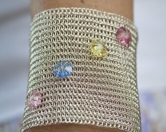 Wide Crochet Cuff Bracelet: Silver Plated Wire, Swarovski Crystals