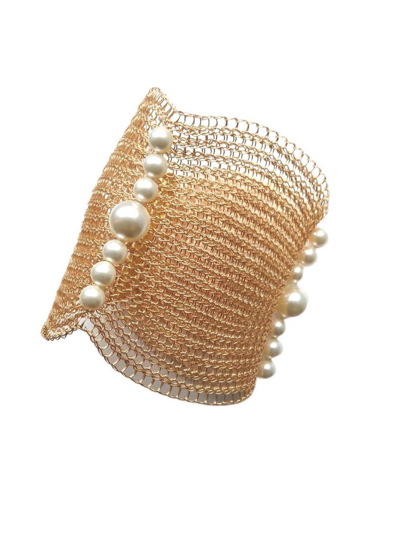 Gold Bracelet With Pearls Crochet Jewelry Gold Cuff Bracelet Crochet