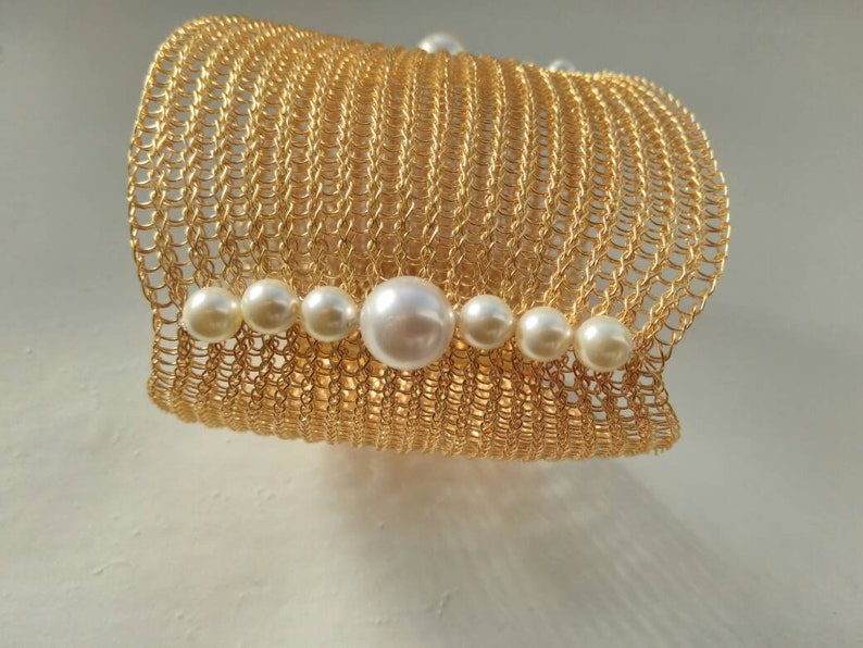 Gold bracelet with pearls  Crochet jewelry Gold cuff bracelet Crochet bracelet Pearl bracelet Artisan handmade jewelry Statement for women