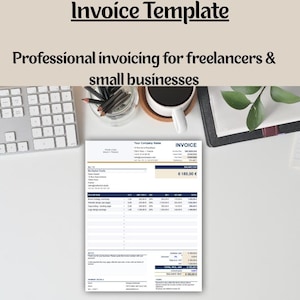 Op de afbeelding: Een digitaal factuursjabloon met de tekst Invoice Template, Professional invoicing for freelancers & small businesses, en een gedetailleerde lay-out met kolommen voor omschrijving, aantal, eenheidsprijs, btw, netto- en totaalbedragen.