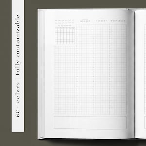 May include: An open planner with white pages featuring a black grid layout for Monday, Tuesday, and Wednesday. The page includes a monthly calendar overview, hourly time slots from 7 to 24, and a blank note section. Text reads 60+ colors | Fully customizable.