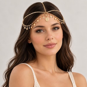 Boho Gold Tone Coin Charm Head Chain, Festival Bridal Headpiece Blaze Headwear