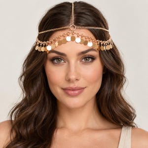 Gold Coin Head Chain, Layered Boho Forehead Jewelry, Festival Bridal Accessory