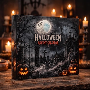 Puede incluir: Una caja rectangular de calendario de Adviento de Halloween con una escena de cementerio oscuro, luna llena, puertas de hierro, lápidas y calabazas brillantes. El texto "HALLOWEEN ADVENT CALENDAR" está impreso en el centro con una fuente estilizada.