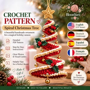 May include: A crochet pattern for a spiral Christmas tree ornament. The text reads CROCHET PATTERN, Spiral Christmas Tree, Detailed PDF Pattern, Step-by-Step Instructions, Clear Photos & Visual Guides, Helpful Tips for a Perfect Result.