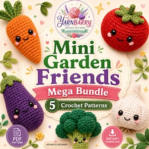 May include: A digital graphic for Yarnbarry Mini Garden Friends Mega Bundle featuring 5 crochet patterns. The image displays crocheted vegetables including a carrot, tomato, eggplant, broccoli, and garlic, each with a smiling face and black eyes.