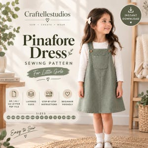 May include: A sewing pattern for a pinafore dress featuring text that reads Craftellstudios, Pinafore Dress, Sewing Pattern, For Little Girls, and Instant Download. The pattern includes A0, A4, and US Letter PDF files with layered sizes.