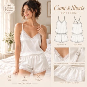 May include: A white camisole and shorts sewing pattern featuring a lace-trimmed V-neckline, adjustable straps, and an elastic waistband. The set includes front and back technical sketches, detailed close-ups of the lace and strap hardware.
