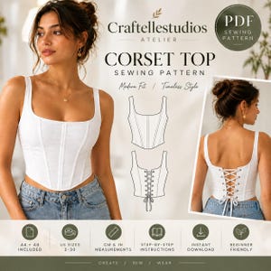 May include: A white corset top with a square neckline and vertical seams, featuring a back lace-up closure with grommets. The image displays a PDF sewing pattern by Craftellstudios, including technical line drawings of the front and back views.