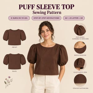 Patrón de costura para blusa de manga abullonada / Blusa con hombros caídos / Corte cropped / Tallas XS-2XL / PDF A0 A4 Carta estadounidense / Descarga instantánea