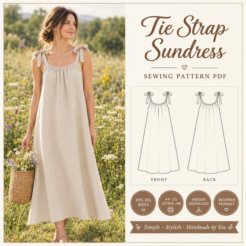 Easy Robe Sewing Pattern Patron de couture pour robe d'été à bretelles nouées | Robe à bretelles ...
