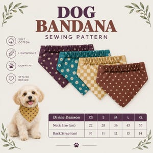 Puede incluir: Un patrón de costura para pañuelo de perro con cuatro muestras de tela: morado con estrellas, verde azulado con margaritas, amarillo a cuadros y marrón con lunares. Un perro pequeño lleva un pañuelo de lunares. Incluye tabla de tallas en cm.