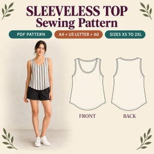 Może przedstawiać: Cyfrowy wykroj krawiecki na top bez rękawów z tekstem SLEEVELESS TOP Sewing Pattern, PDF PATTERN, A4 + US LETTER + A0 oraz SIZES XS TO 2XL. Obraz przedstawia biało-szary top w paski oraz rysunki techniczne przodu i tyłu odzieży.