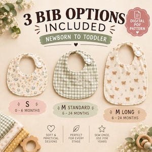 May include: Three baby bibs with different patterns: a small floral print, a medium green gingham check, and a medium bear print. Text includes 3 BIB OPTIONS INCLUDED, NEWBORN TO TODDLER, S 0-6 MONTHS, M STANDARD 6-24 MONTHS, and M LONG 6-24 MONTHS.