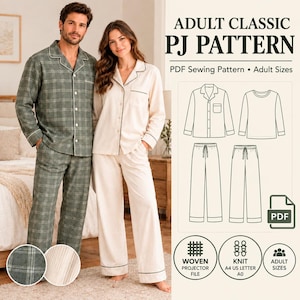 May include: A digital sewing pattern for adult pajamas titled ADULT CLASSIC PJ PATTERN. The image displays two sets of pajamas, one in a green plaid fabric and one in solid cream, alongside technical line drawings of the shirt and pants.