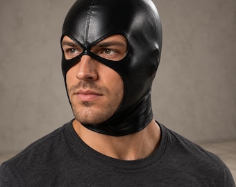 Schwarze Kapuzenmaske mit Augenausschnitten | Glänzende Oberfläche in Lederoptik und eng anliegende Kopf- und Halsabdeckung