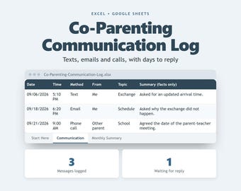 Peut inclure: Un modèle numérique de journal de communication pour la coparentalité sur Excel et Google Sheets. L'interface affiche un tableau avec des colonnes pour la date, l'heure, la méthode, l'expéditeur, le sujet et le résumé, avec 3 messages enregistrés.