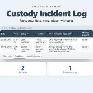 May include: A digital Custody Incident Log template for Excel and Google Sheets. The interface displays a table with columns for date, time, category, location, incident details, and children present, plus summary boxes showing 2 incidents and 1 follow-up.