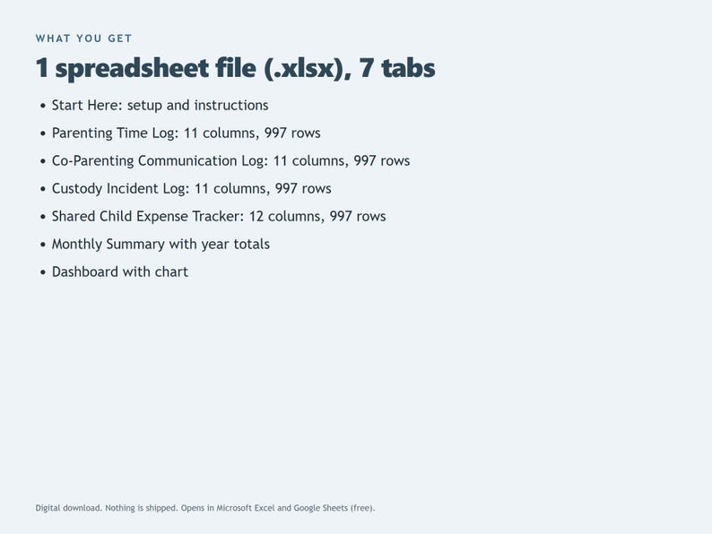 May include: A digital spreadsheet file with seven tabs including a Start Here guide, Parenting Time Log, Co-Parenting Communication Log, Custody Incident Log, Shared Child Expense Tracker, Monthly Summary with year totals, and a Dashboard with chart.