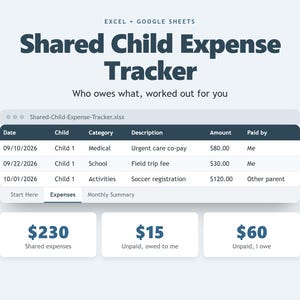 May include: A digital Shared Child Expense Tracker spreadsheet for Excel and Google Sheets. The interface displays a table with columns for date, child, category, description, amount, and payer, plus three summary boxes showing £230, £15, and £60.