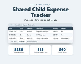 Peut inclure: Un tableur numérique de suivi des dépenses pour enfants pour Excel et Google Sheets. L'interface affiche un tableau avec des colonnes pour la date, l'enfant, la catégorie, la description, le montant et le payeur, ainsi que trois cases de résumé.