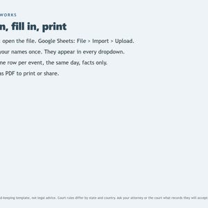 May include: An instructional graphic titled HOW IT WORKS Open, fill in, print. It lists four steps: Excel: open the file. Google Sheets: File > Import > Upload. Type your names once. They appear in every dropdown. Add one row per event, the same day, facts only. Save as PDF to print or share. A disclaimer at the bottom states this is a record-keeping template, not legal advice.