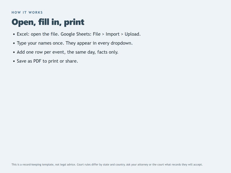 May include: An instructional graphic titled HOW IT WORKS Open, fill in, print. It lists four steps: Excel: open the file. Google Sheets: File > Import > Upload. Type your names once. They appear in every dropdown. Add one row per event, the same day, facts only. Save as PDF to print or share. A disclaimer at the bottom states this is a record-keeping template, not legal advice.