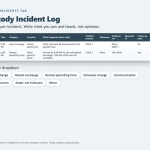 May include: A digital Custody Incident Log template featuring a table with columns for date, time, category, location, incident details, children present, witnesses, evidence, reporting, and follow-up. Below, a category dropdown menu lists options.