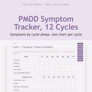 May include: A light purple PMDD Symptom Tracker journal for 12 cycles. The page features a Cycle 1 Symptom/Phase Correlation chart with rows for menstrual, follicular, ovulation, and luteal phases, plus symptom rating columns for days 1 through 7.