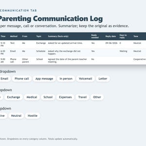 May include: A Co-Parenting Communication Log template featuring a dark header table with columns for date, time, method, from, topic, summary, reply needed, reply date, days to reply, tone, and evidence ref. Includes dropdown menu options for method, topic, and tone.