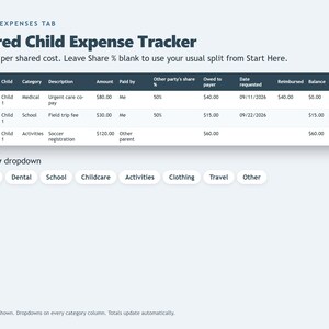 May include: A digital Shared Child Expense Tracker spreadsheet interface featuring an Expenses tab, a data table with columns for date, child, category, description, amount, and payment status, plus a category dropdown menu with options.
