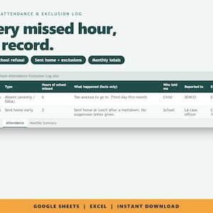 May include: A digital school attendance and exclusion log spreadsheet template. The header reads School Attendance & Exclusion Log, Every missed hour, on record. It includes columns for date, type, hours missed, facts, reporter, and evidence.