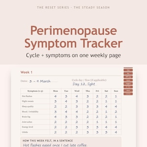 May include: A Perimenopause Symptom Tracker page from The Reset Series, The Steady Season. The document features a weekly grid for tracking symptoms like hot flashes, night sweats, and energy levels, with a section for notes on how the week felt.