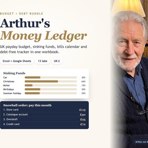 May include: A digital budget and debt tracker workbook titled Arthur's Money Ledger. The interface displays sinking funds with progress bars, a snowball order list for monthly payments, and compatibility labels for Excel and Google Sheets.