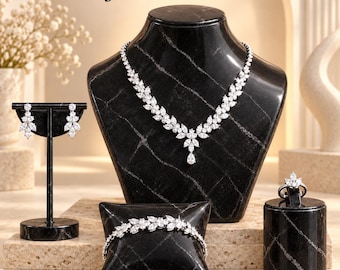 Silver Tone CZ Bridal Jewelry Set, Floral Leaf Necklace Earrings Bracelet Ring (Copper Base)