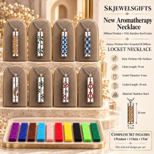 May include: Eight cylindrical 316L stainless steel aromatherapy locket necklaces with various cut-out patterns, each on a chain. Includes a tray with ten colorful felt pads. Text includes SKJEWELSGIFTS, New Aromatherapy Necklace, and dimensions 8 mm by 36 mm.