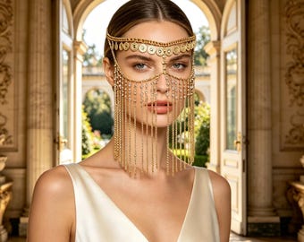 Tocado de monedas de oro, velo facial con diamantes de imitación, joyería de cadena estilo boho, accesorio de disfraz llamativo, máscara para cosplay de graduación, máscara facial para baile de máscaras