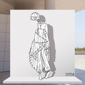 May include: A black and white line art illustration of a figure wearing a collared jacket with a layered, ruffled high-low skirt and tapered trousers. The figure wears a rounded hat. The text SIMONNE ARCHIVE 4 is printed in the bottom right corner.