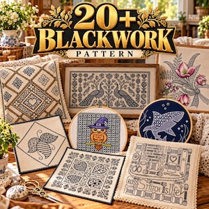 Puede incluir: Una colección de patrones de bordado blackwork que incluye varios diseños como un pavo real, una abeja, un búho con sombrero de bruja, un tiburón y herramientas de costura con el texto "Cross Stitch is life" sobre tela color crema.