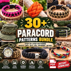 May include: A digital bundle of 30+ paracord patterns featuring step-by-step instructions for bracelets, knots, belts, hats, and watchbands. The image displays various paracord items including bracelets, a hat, and a watch, with text overlay.