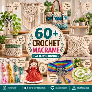 60+ Crochet Macrame Patterns Bundle, Macrame Wall Hanging, Plant Hanger, Bag & Home Decor PDF Patterns, Instant Download