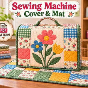 Könnte beinhalten: Eine gesteppte Nähmaschinenabdeckung mit passender Matte im Patchwork-Design aus floralen, karierten und einfarbigen Stoffquadraten. Das Mittelteil zeigt eine große Applikation aus rosa, blauen und gelben Blumen.
