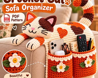 Crochet Cat Sofa Organizer Pattern ,Crochet Couch Caddy Pattern , Armrest Organizer , Cat Couch Caddy , Remote & Phone Holder