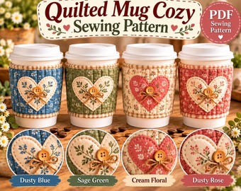 Quilted Coffee Cup Sleeve Sewing Pattern, Heart Applique Mug Cozy PDF, Floral Fabric Cup Holder