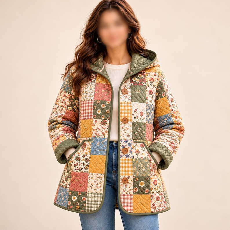 K&ouml;nnte beinhalten: Eine gesteppte Kapuzenjacke mit einem Patchwork-Design aus verschiedenen Blumen- und Vichy-Karomustern in Gelb-, Rosa-, Blau- und Gr&uuml;nt&ouml;nen. Die Jacke hat lange &Auml;rmel, eine Knopfleiste mit braunen Kn&ouml;pfen und zwei Vordertaschen.