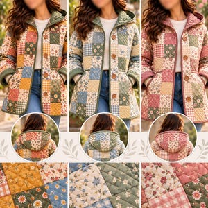 K&ouml;nnte beinhalten: Eine gesteppte Kapuzenjacke mit einem Patchwork-Design aus verschiedenen Blumen- und Vichy-Karomustern in Gelb-, Blau-, Gr&uuml;n- und Rosat&ouml;nen. Die Jacke verf&uuml;gt &uuml;ber eine Knopfleiste, lange &Auml;rmel, zwei Vordertaschen und eine sichtbare Kapuze.