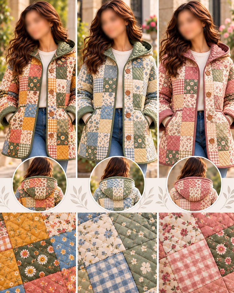 K&ouml;nnte beinhalten: Eine gesteppte Kapuzenjacke mit einem Patchwork-Design aus verschiedenen Blumen- und Vichy-Karomustern in Gelb-, Blau-, Gr&uuml;n- und Rosat&ouml;nen. Die Jacke verf&uuml;gt &uuml;ber eine Knopfleiste, lange &Auml;rmel, zwei Vordertaschen und eine sichtbare Kapuze.
