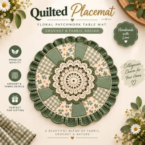 Puede incluir: Un mantel individual acolchado redondo con un tapete de ganchillo color crema en el centro, rodeado de segmentos alternos de tela verde salvia, cuadros vichy verdes y un estampado floral. El borde tiene un volante de ganchillo verde oscuro.